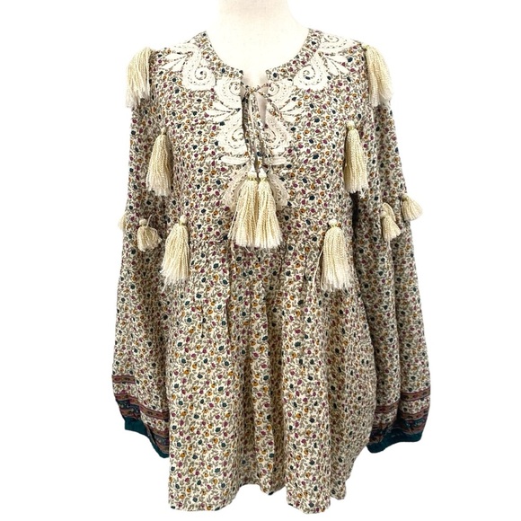 Miss June Paris Floral Tassel Peasant Bohemian Blouse One Size - Picture 1 of 11